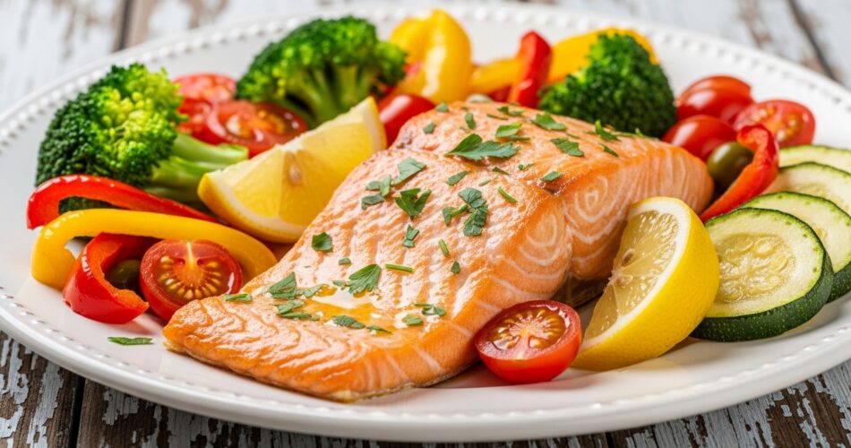 Make this easy baked salmon with vegetables for a nutritious seafood dinner. Tender salmon fillets with roasted veggies, lemon, and herbs — perfect for weeknights.