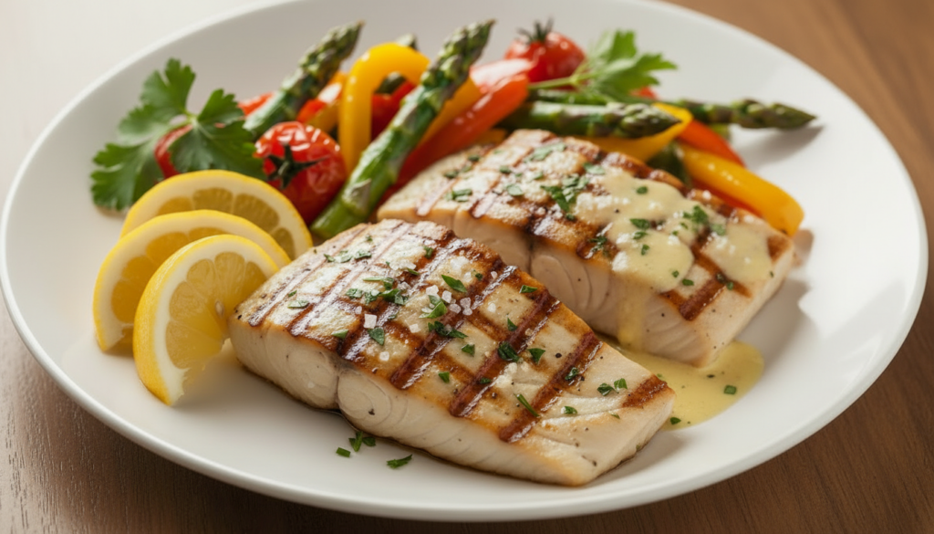 Cooked mahi-mahi plated with lemon wedges 
