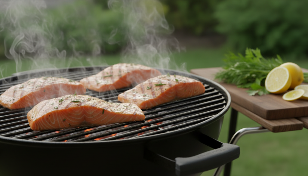salmon fillets grilling on outdoor barbecue