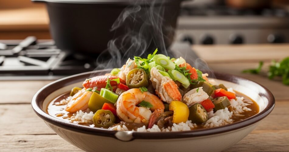 Learn how to make seafood gumbo with shrimp, crab, and rich Cajun flavors. A hearty Louisiana classic perfect for dinner.