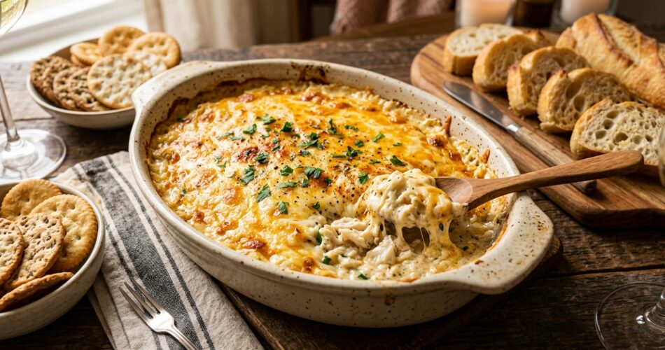 Make the best cheesy crab dip with cream cheese, crab meat, and melted cheese. Easy hot seafood appetizer perfect for parties and ready in 30 minutes.