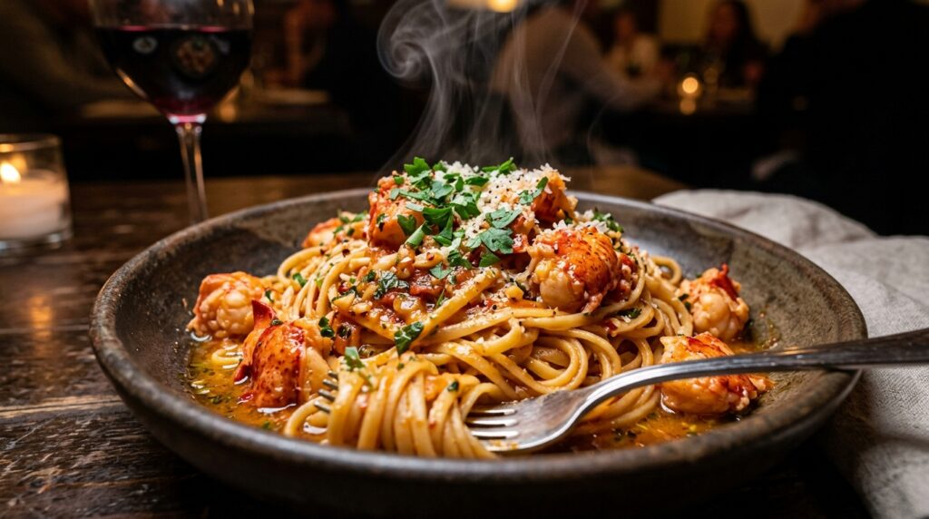 Classic Italian lobster linguine with tomato sauce