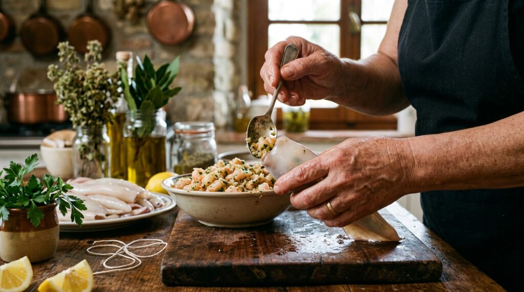 Discover the best stuffed calamari recipe Italian style with tender squid, savory seafood filling, garlic, herbs, and rich tomato sauce.