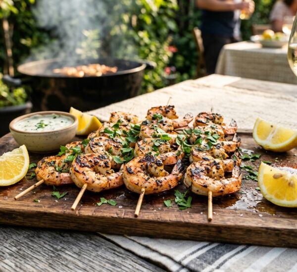 Make juicy Grilled Shrimp Skewers with garlic, lemon, and smoky BBQ flavor. This easy seafood recipe is healthy, quick, and perfect
