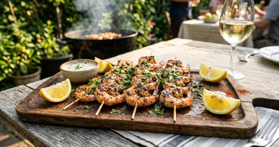 Make juicy Grilled Shrimp Skewers with garlic, lemon, and smoky BBQ flavor. This easy seafood recipe is healthy, quick, and perfect