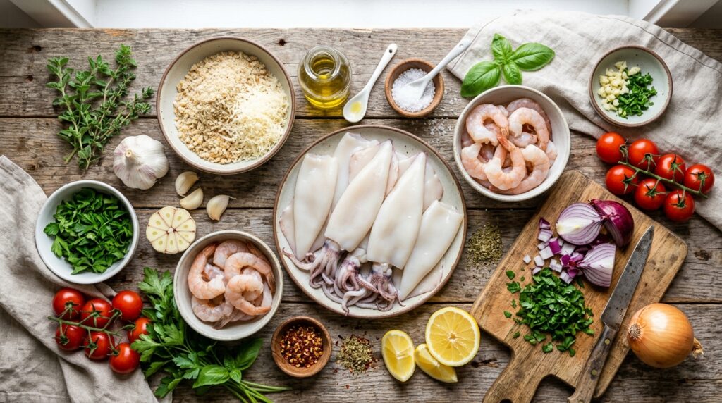 Oven baked seafood stuffed calamari